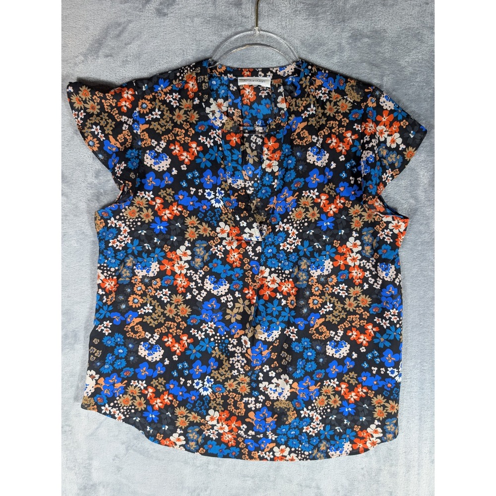 Calvin Klein Floral Flutter Sleeve Split V-Neck Blouse Top Womens Large Multi
